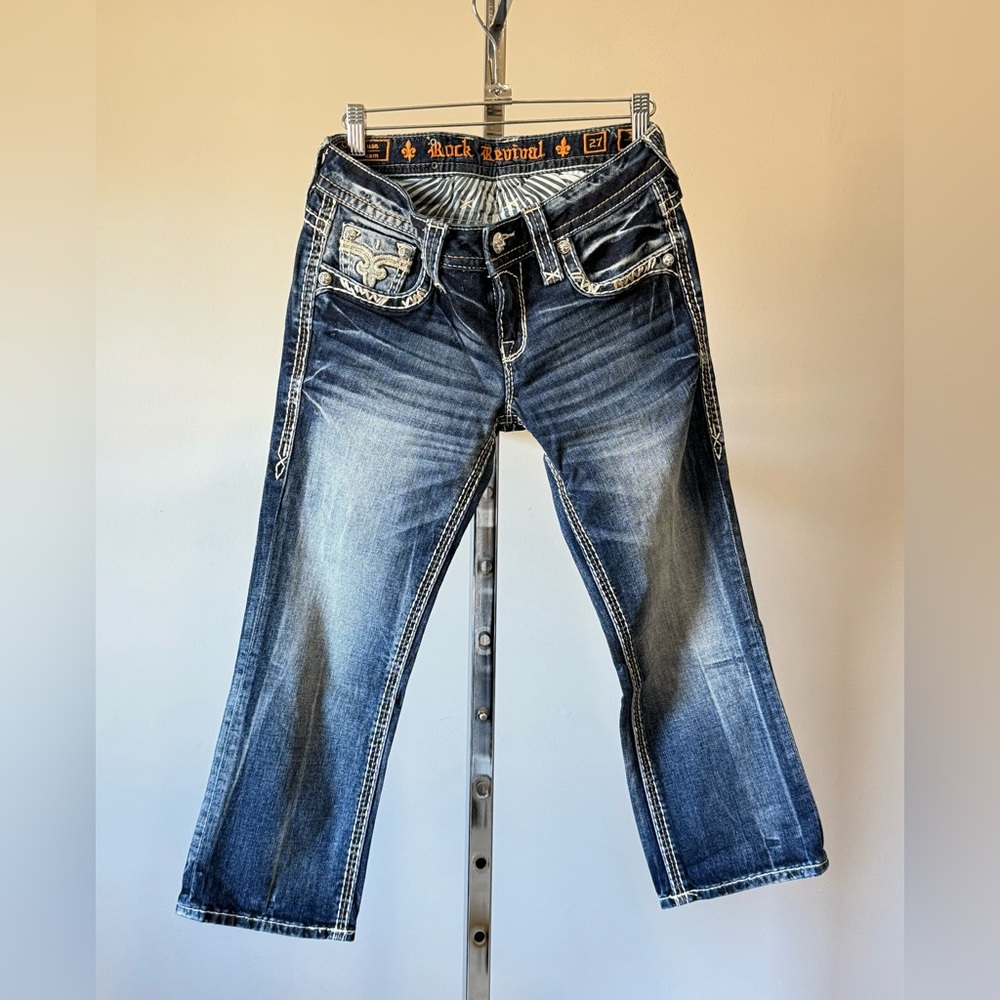 Rock Revival Jillian Capri Jeans Womens Size 27 Dark Wash Rhinestone Stitch Y2K